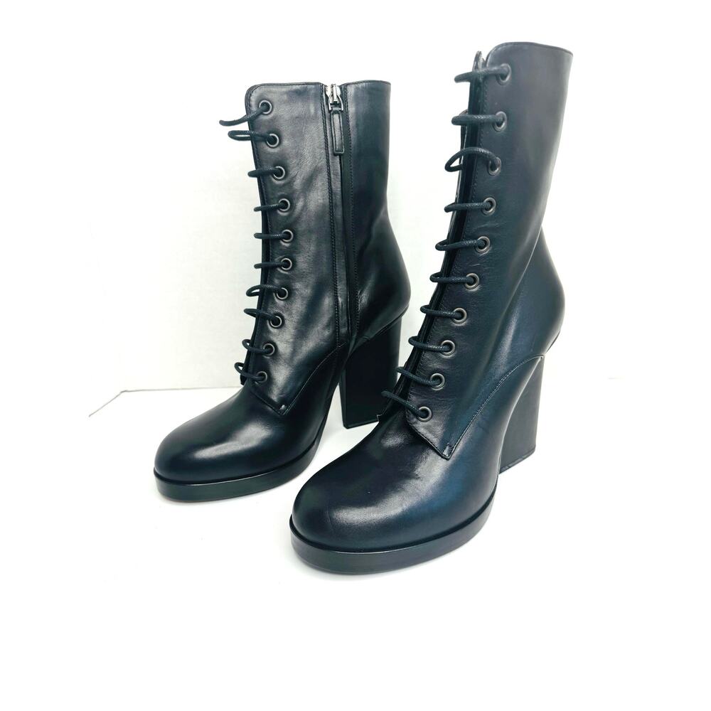 Jil Sander Black Leather Lace Up Block Heel Ankle Boots EU 40